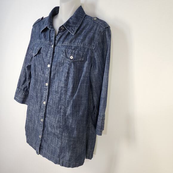Chicos Shirt Womens Size 1 Medium Button Up Chambray Blue 3/4 Sleeves Cotton - Picture 5 of 9
